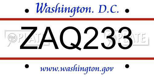 ZAQ233 District Of Columbia License Plate