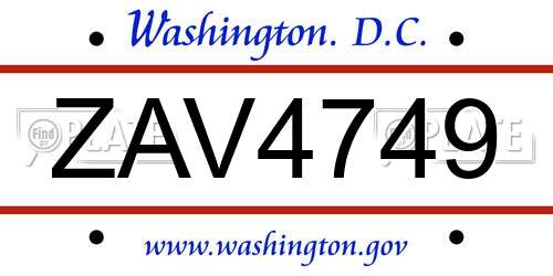 ZAV4749 District Of Columbia License Plate