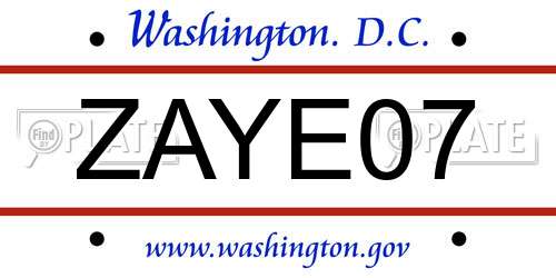 ZAYE07 District Of Columbia License Plate