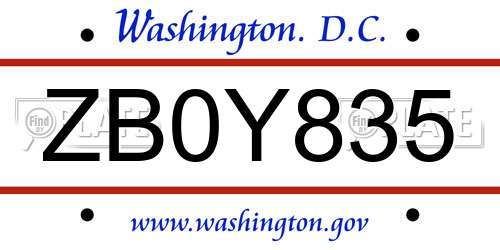 ZB0Y835 District Of Columbia License Plate