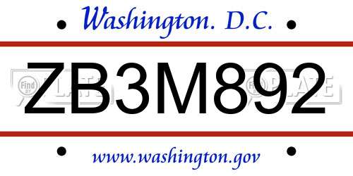 ZB3M892 District Of Columbia License Plate