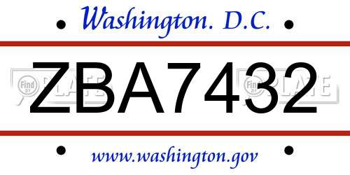 ZBA7432 District Of Columbia License Plate