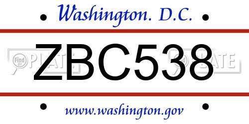 ZBC538 District Of Columbia License Plate