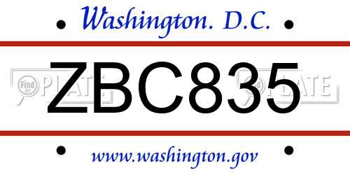 ZBC835 District Of Columbia License Plate