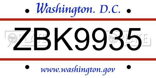 ZBK9935 District Of Columbia License Plate