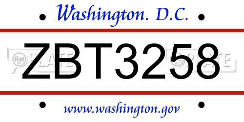 ZBT3258 District Of Columbia License Plate
