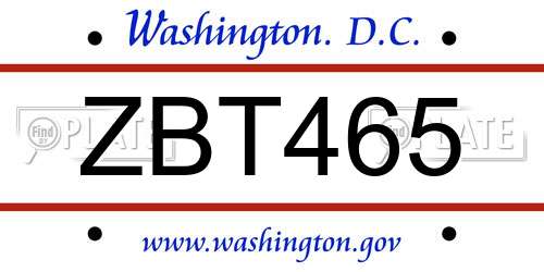 ZBT465 District Of Columbia License Plate