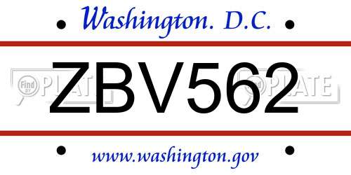 ZBV562 District Of Columbia License Plate