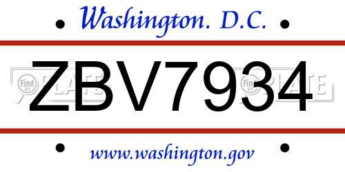 ZBV7934 District Of Columbia License Plate