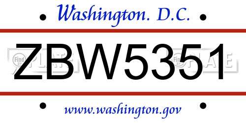 ZBW5351 District Of Columbia License Plate