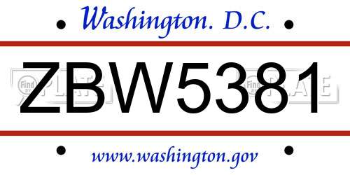 ZBW5381 District Of Columbia License Plate