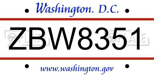 ZBW8351 District Of Columbia License Plate