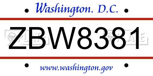 ZBW8381 District Of Columbia License Plate