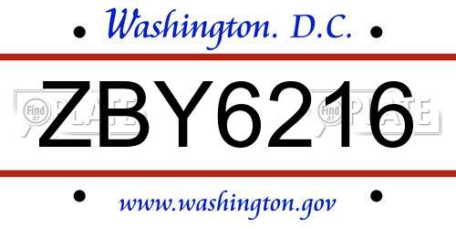 ZBY6216 District Of Columbia License Plate