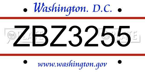 ZBZ3255 District Of Columbia License Plate