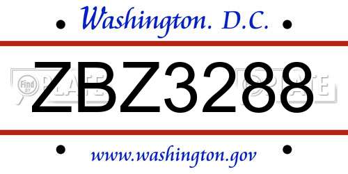 ZBZ3288 District Of Columbia License Plate