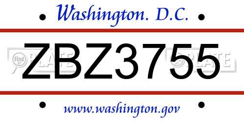 ZBZ3755 District Of Columbia License Plate