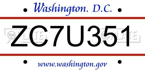 ZC7U351 District Of Columbia License Plate