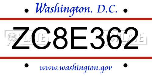 ZC8E362 District Of Columbia License Plate