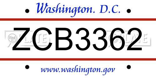 ZCB3362 District Of Columbia License Plate