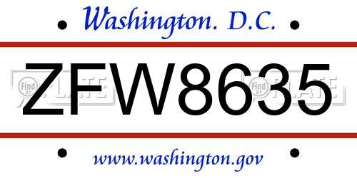 ZFW8635 District Of Columbia License Plate