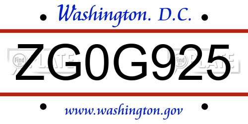 ZG0G925 District Of Columbia License Plate
