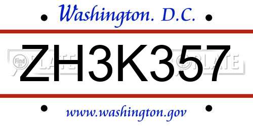 ZH3K357 District Of Columbia License Plate