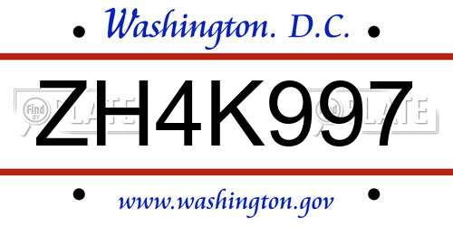 ZH4K997 District Of Columbia License Plate