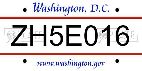 ZH5E016 District Of Columbia License Plate