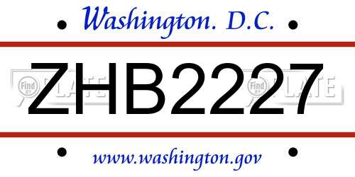 ZHB2227 District Of Columbia License Plate