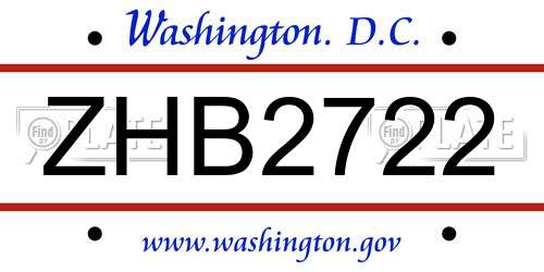 ZHB2722 District Of Columbia License Plate