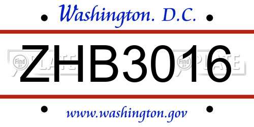 ZHB3016 District Of Columbia License Plate