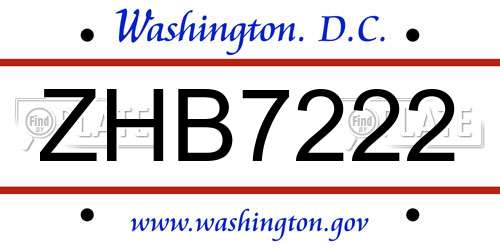 ZHB7222 District Of Columbia License Plate