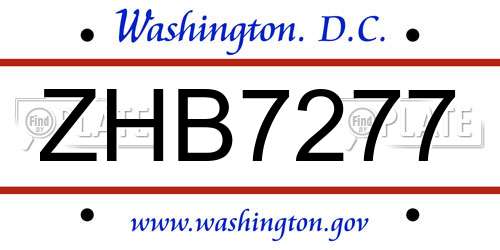 ZHB7277 District Of Columbia License Plate