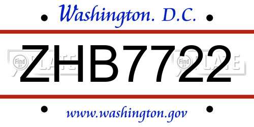 ZHB7722 District Of Columbia License Plate