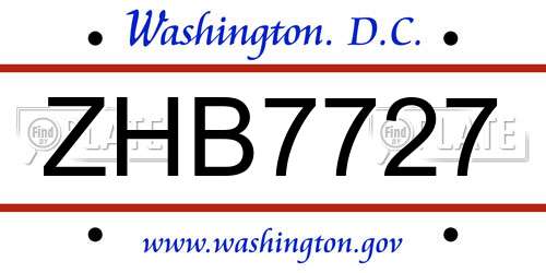 ZHB7727 District Of Columbia License Plate