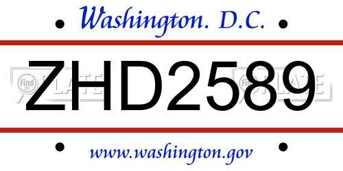 ZHD2589 District Of Columbia License Plate