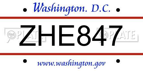ZHE847 District Of Columbia License Plate