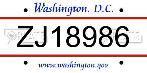 ZJ18986 District Of Columbia License Plate