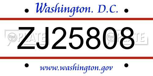 ZJ25808 District Of Columbia License Plate