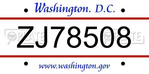ZJ78508 District Of Columbia License Plate