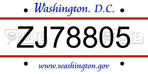 ZJ78805 District Of Columbia License Plate