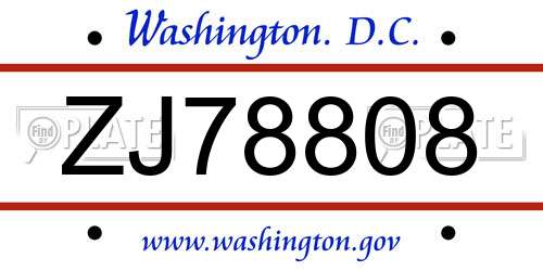 ZJ78808 District Of Columbia License Plate