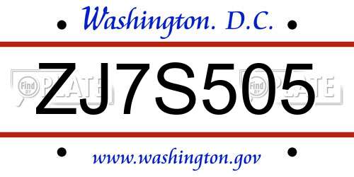 ZJ7S505 District Of Columbia License Plate