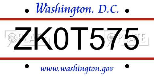 ZK0T575 District Of Columbia License Plate