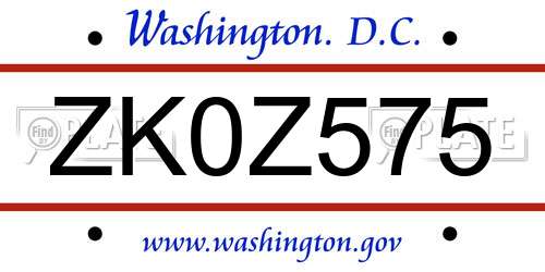 ZK0Z575 District Of Columbia License Plate
