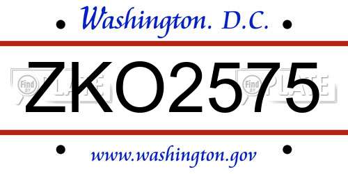 ZKO2575 District Of Columbia License Plate
