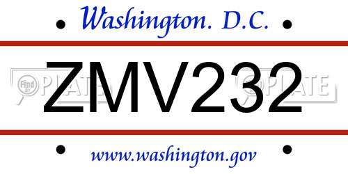 ZMV232 District Of Columbia License Plate