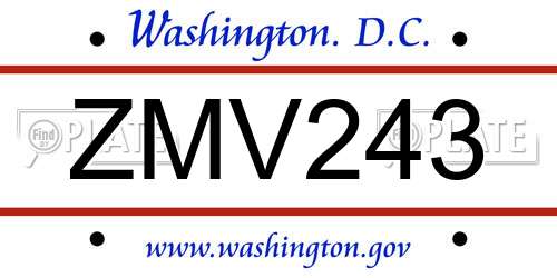ZMV243 District Of Columbia License Plate