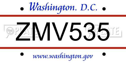 ZMV535 District Of Columbia License Plate
